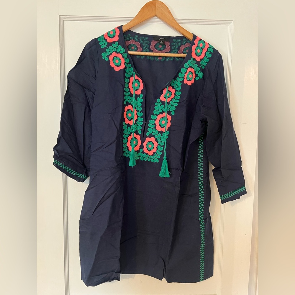 J. Crew Navy cover up with Pink and Green Embroidery